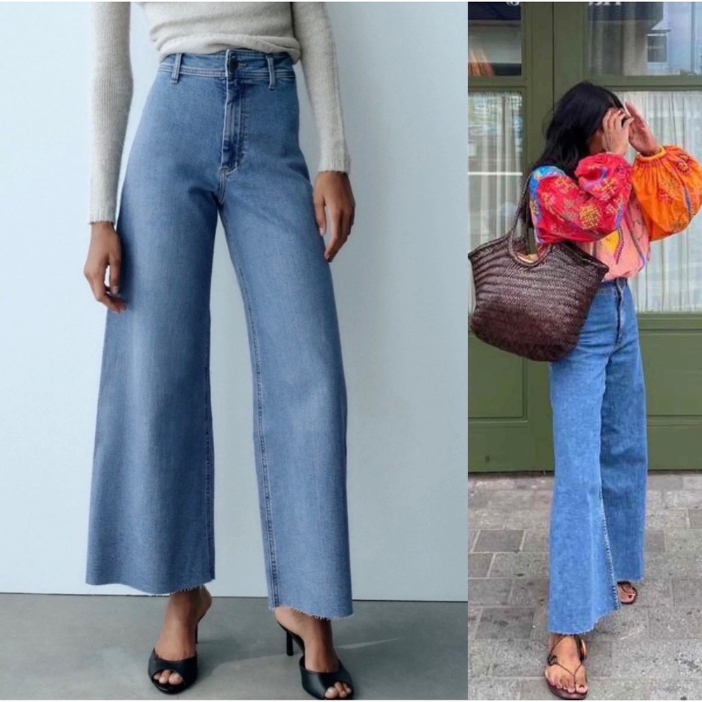 Zara The Marine Straight High Rise Wide Leg Jeans Blue Raw Hem Size 4